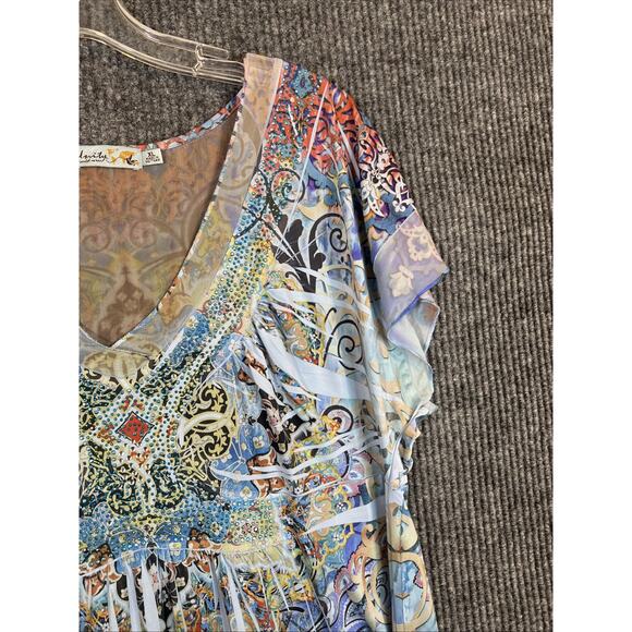Unity Womens Boho Blouse Size XL Beaded Mesh Multi Color Artsy Short Sleeve - Picture 4 of 10
